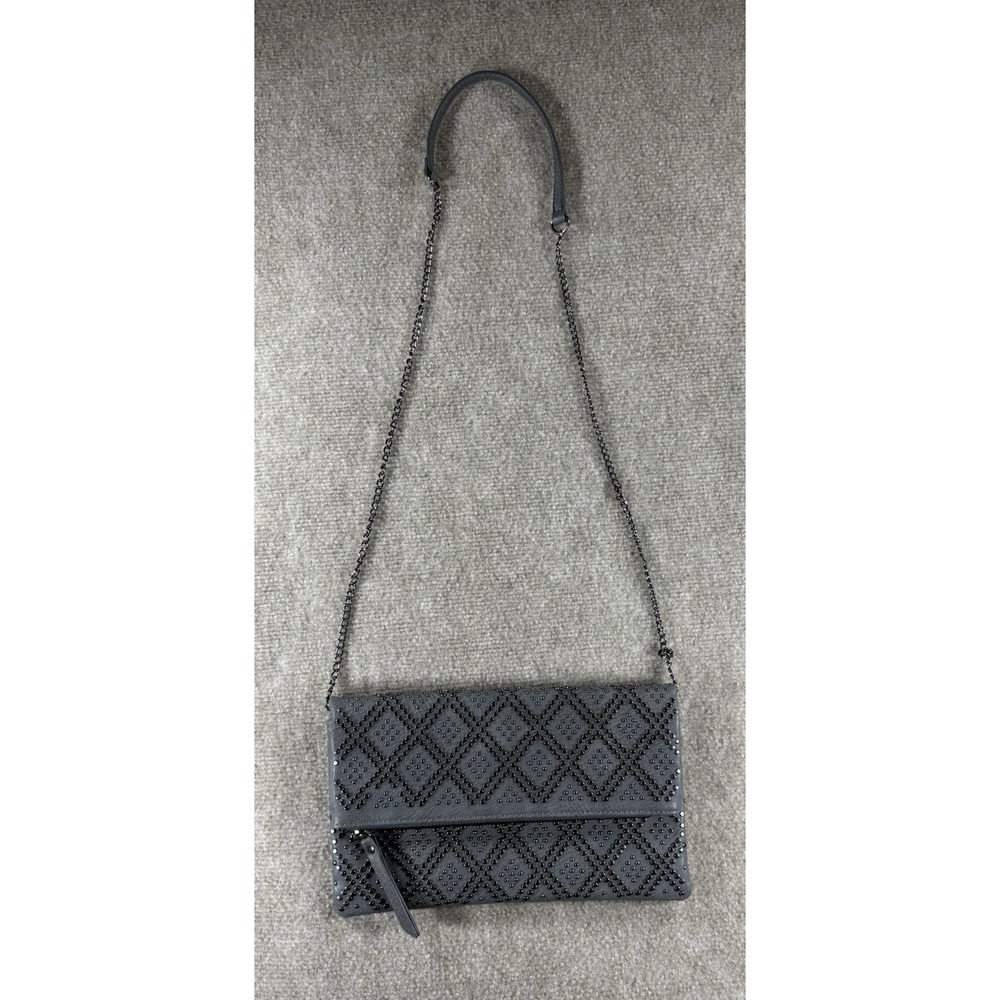 Antik Kraft Gray Studded Foldover Crossbody Clutch Purse Faux Leather Chain